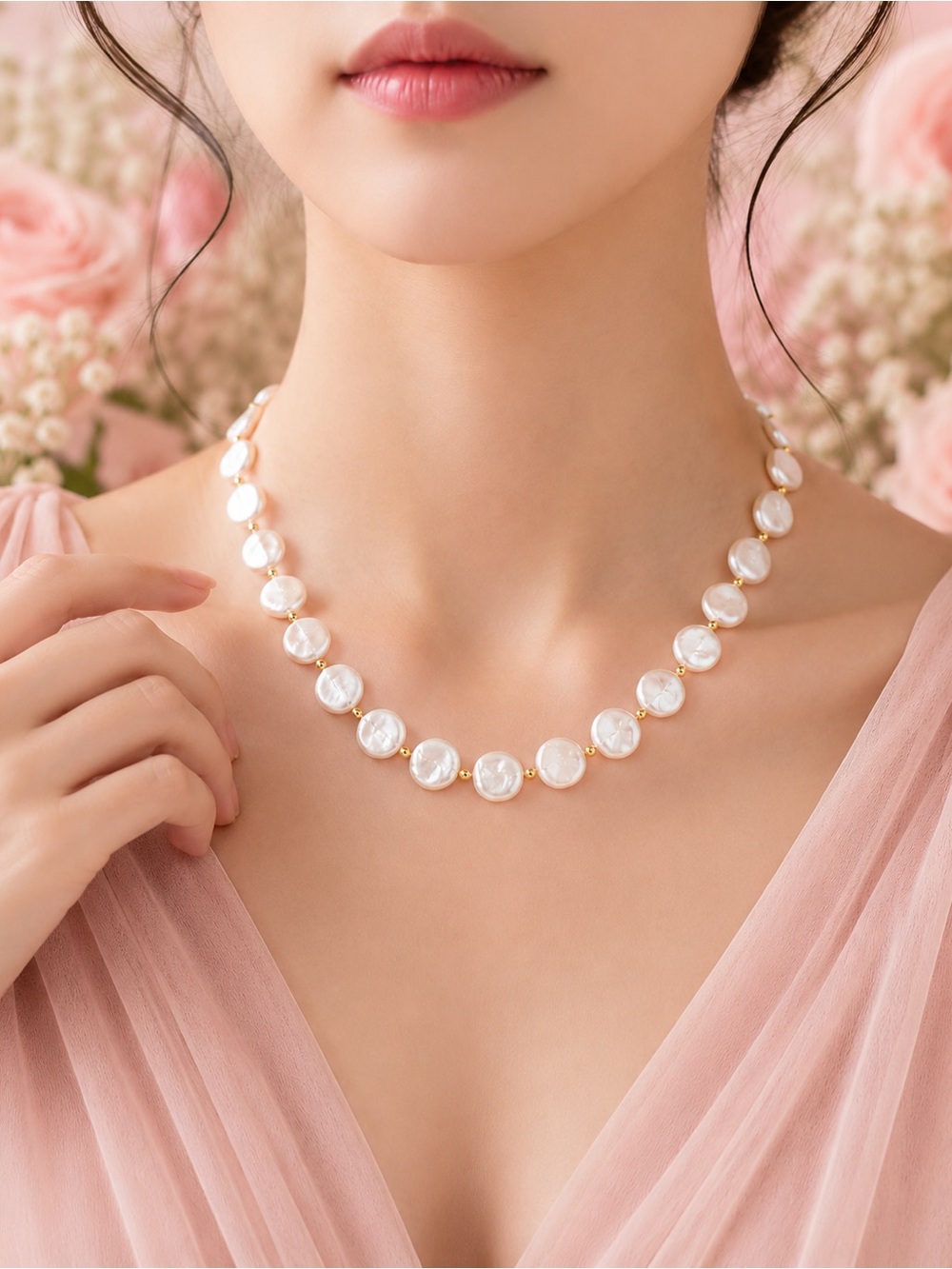 Elegant White Pearl Disc Necklace - Picture 5 of 5
